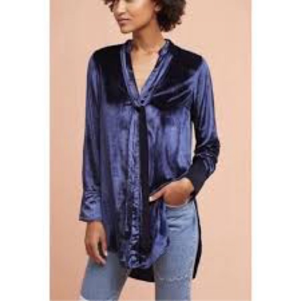 Maeve Anthropologie blue velvet button front neck tie tunic blouse top, size 4.